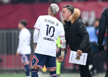 Christophe GALTIER (Entraineur Nice OGCN) - 10 NEYMAR JR (psg) during the Ligue 1 match between Nice and Paris at Allianz Riviera on March 5, 2022 in Nice, France. (Photo by Philippe Lecoeur/FEP/Icon Sport)