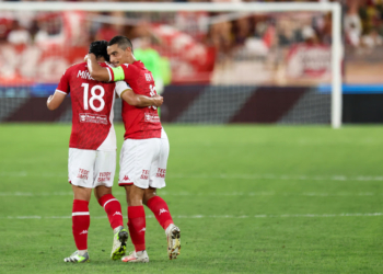 10 Wissam BEN YEDDER (asm) - 18 Takumi MINAMINO (asm) during the Ligue 1 Uber Eats match between Monaco and Strasbourg at Stade Louis II on August 20, 2023 in Monaco, Monaco. (Photo by Johnny Fidelin/Icon Sport)