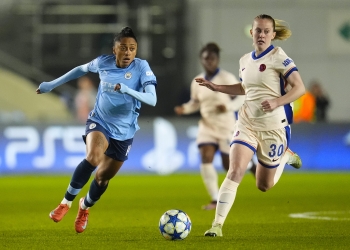 Manchester City's Kerolin Nicoli (left) and Chelsea's Keira Walsh in action during the UEFA Women's Champions League, quarter-final, first leg match at the Joie Stadium, Manchester. Picture date: Wednesday March 19, 2025.   - Photo by Icon Sport